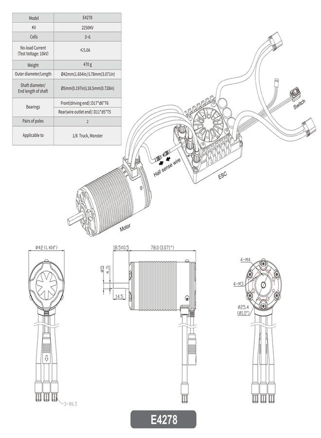 أكس سي محرك XC E4278 بدون فرشات مزود بمستشعرات لسيارات التحكم عن بعد، 2250 كيلو فولت، بطارية ليثيوم بوليمر 3-6 خلايا، مقاوم للماء بمعيار IP67، مناسب لشاحنات مونستر بمقياس 1/8 - Image 2
